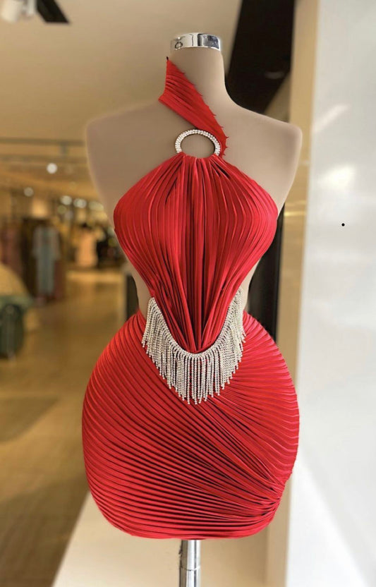 Sexy Red Bodycon Short Pleated Party Dresses One Shoulder Fashion Homecoming Dresses with Tassels ED03548