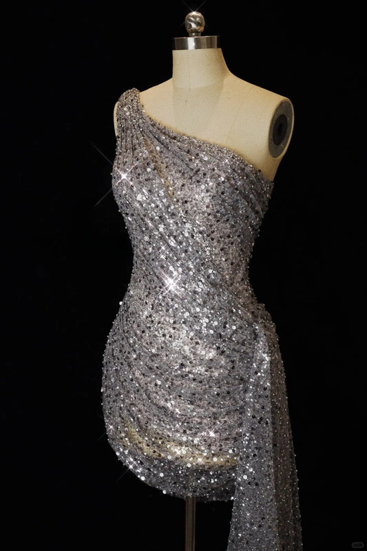Sparkly Silver Bodycon One Shoulder Short Formal Dresses Sequin Birthday Outfits ED03549