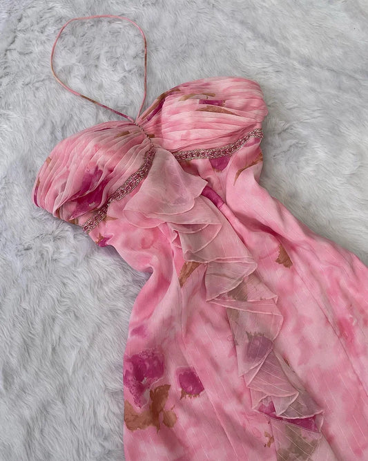 Chic Pink Halter Sheath Birthday Outfit Printed Chiffon Retro Party Dress Formal Dress ED03553