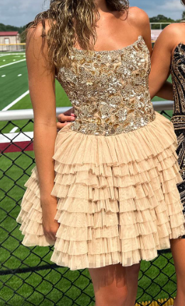 Champagne Sparkly Strapless Short Prom Dresses Sweet 16th Birthday Ball Gowns Homecoming Dresses ED03564