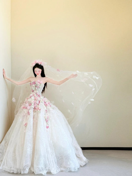 Sweet White Strapless 3D Rose Tulle Wedding Dress Long Ball Gowns Gorgeous Bridal Dress Quinceanera Dress  ED03572