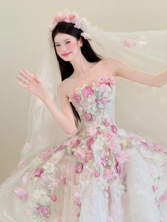 Sweet White Strapless 3D Rose Tulle Wedding Dress Long Ball Gowns Gorgeous Bridal Dress Quinceanera Dress  ED03572
