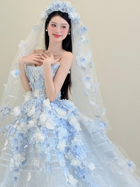 Elegant Light Blue Strapless Long Ball Gowns Tulle Applique Wedding Dress Fairytale Bridal Dress Quinceañera Dress  ED03573