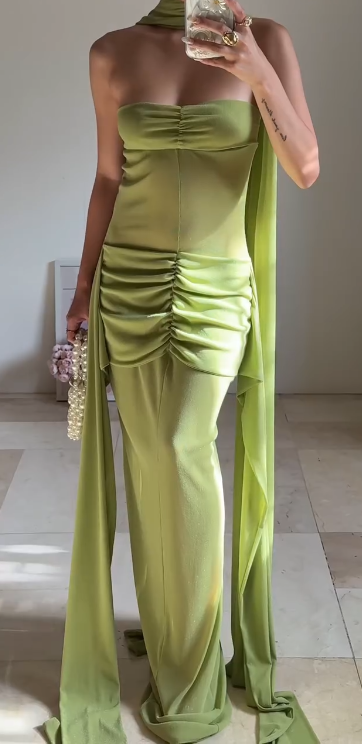 Elegant Green Strapless Formal Dresses Sheath Chiffon Long Prom Dresses Evening Gowns ED03575