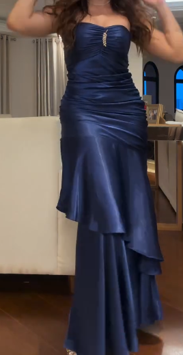 Glamour Navy Blue Sweetheart Neck Mermaid Prom Dresses Satin Long Formal Dress Birthday Outfit ED03576