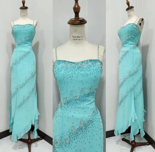 Vintage Sky Blue Formal Dress Spaghetti Straps Sheath Long Evening Gowns Glitter Elegant Beaded Prom Dresses ED03582