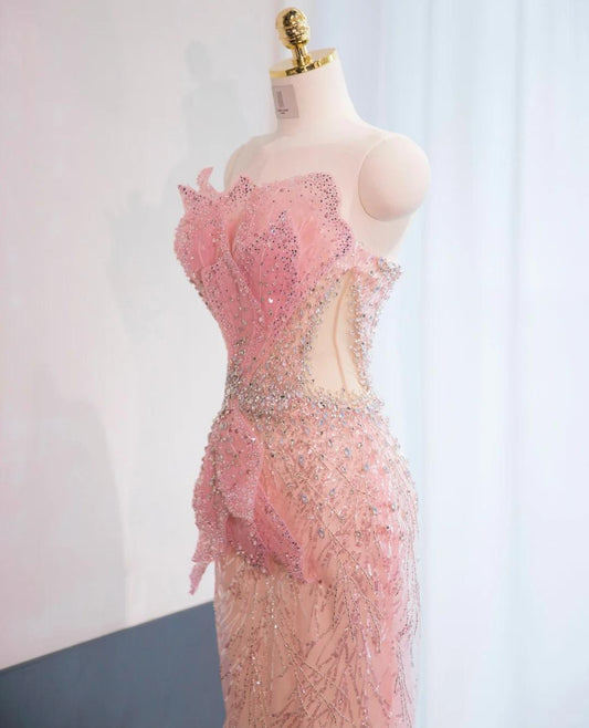 Sparkly Pink Mermaid Formal Dress Tulle Sequins Sweet 16 Dress Strapless Prom Dress with Rhinestones ED03584