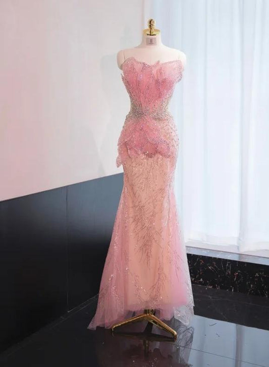 Sparkly Pink Mermaid Formal Dress Tulle Sequins Sweet 16 Dress Strapless Prom Dress with Rhinestones ED03584