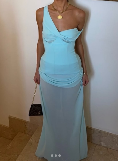 Modest Blue One Shoulder Corset Two Piece Suit Formal Dress Fashion Birthday Outfit Party Dress ED03587