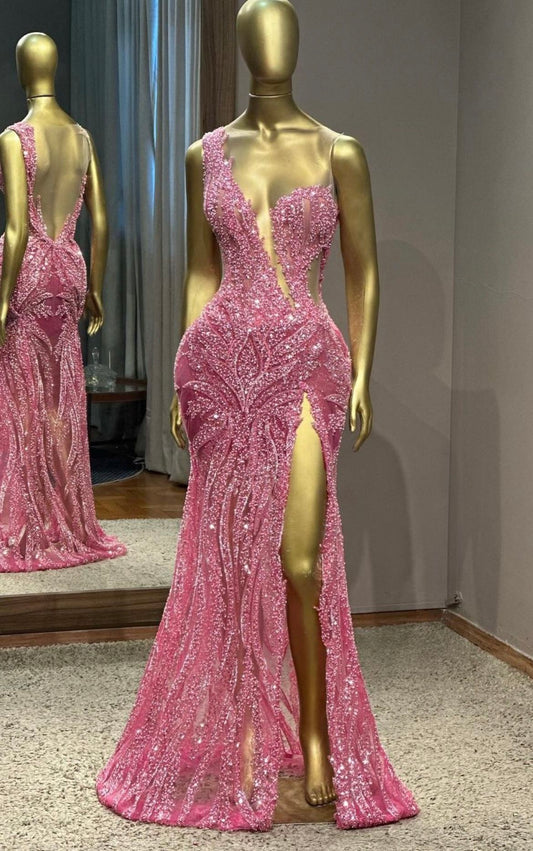Sparkly Pink One Shoulder Mermaid Evening Gowns Beaded Slits Long Prom Dresses Elegant Formal Dresses ED03590