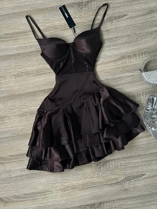 Modest Dark Brown Spaghetti Strap Short Party Dress Satin A-Line 16th Birthday Outfit Middle School Hoco Dresses ED03592