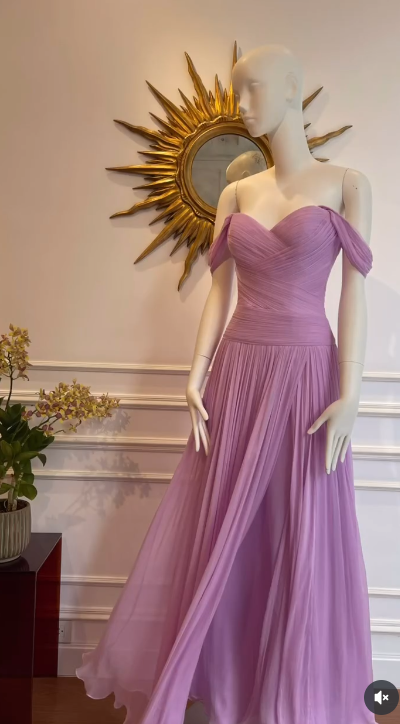 Elegant Purple Off Shoulder Long Prom Dresses Pleated Sheath Formal Dress Guest Dress with Shawl ED03593