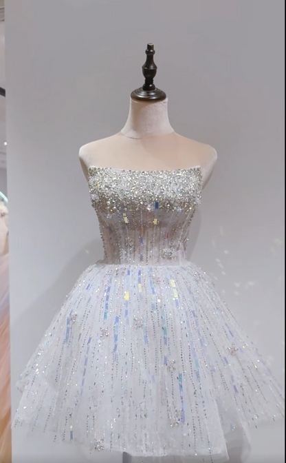 Stunning White Strapless Short Ball Gown Tulle Sequin Homecoming Dress Sweet 16 Dress ED03596