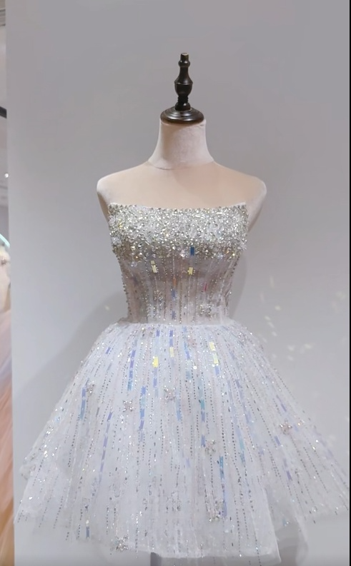 Stunning White Strapless Short Ball Gown Tulle Sequin Homecoming Dress Sweet 16 Dress ED03596