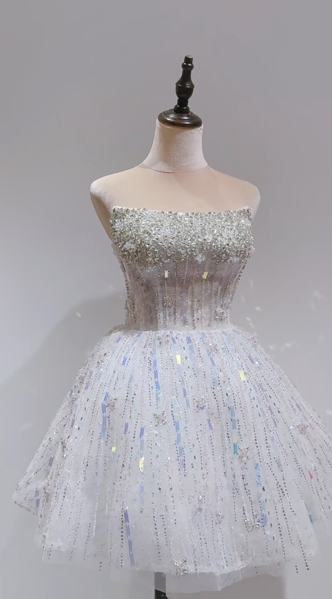 Stunning White Strapless Short Ball Gown Tulle Sequin Homecoming Dress Sweet 16 Dress ED03596