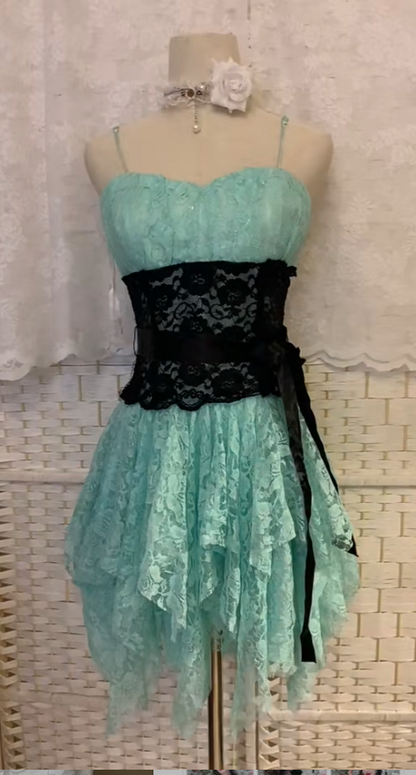 Vintage Blue Spaghetti Straps Bodycon Short Birthday Dress Lace Cocktail Dress Homecoming Dress ED03601