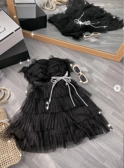 Modest Black Strapless A-Line Short Birthday Party Dress Layered Tulle Homecoming Dress Elegant Graduation Dress ED03602