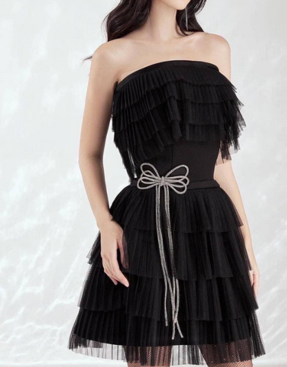 Modest Black Strapless A-Line Short Birthday Party Dress Layered Tulle Homecoming Dress Elegant Graduation Dress ED03602