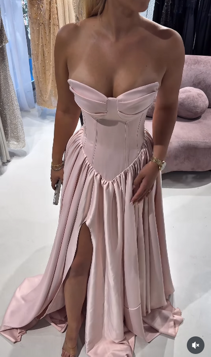 Cute Pink Strapless Long Ball Gown Satin Slit Formal Dress Graduation Prom Dresses Sweet 16 Dress ED03607