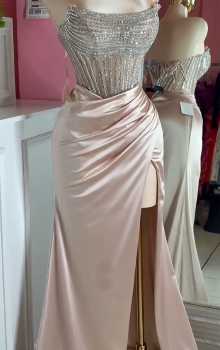 Elegant Pink Strapless Sheath Long Slit Evening Gown Sparkly Beaded Satin Prom Dress Sweet 18th Birthday Outfit ED03608