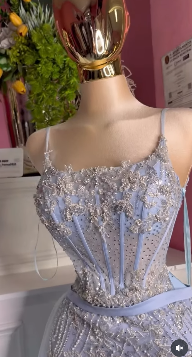 Stunning Blue Spaghetti Straps A-Line Beading Appliques Long Prom Dress Slit Tulle Evening Gown Quinceañera Dress ED03609