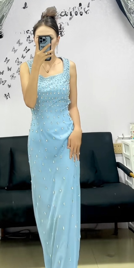 Modest Blue Square Sheath Satin Evening Gowns Rhinestone Guest Dress Sparkly Birthday Dress ED03610