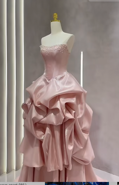 Cute Pink Strapless Ball Gown Satin Beaded Quinceañera Dress Sweet 16 Dress ED03612