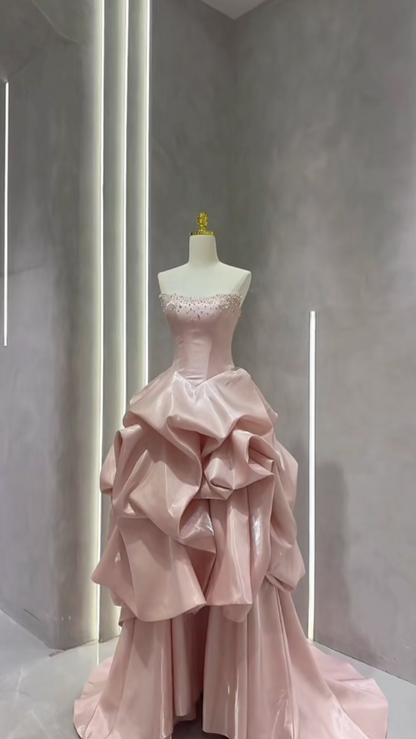 Cute Pink Strapless Ball Gown Satin Beaded Quinceañera Dress Sweet 16 Dress ED03612