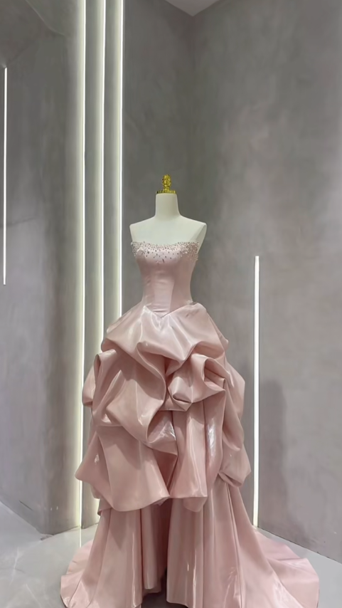 Cute Pink Strapless Ball Gown Satin Beaded Quinceañera Dress Sweet 16 Dress ED03612