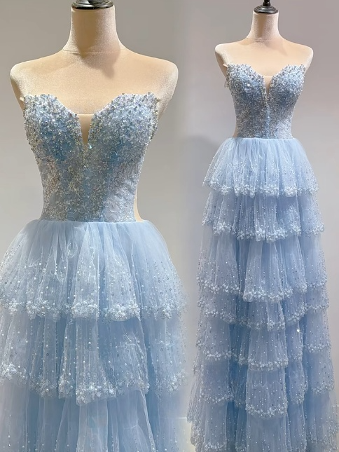 Cute Blue Sweetheart Tulle Ball Gown Beaded Quinceañera Dress Sweet 16 Dress ED03613