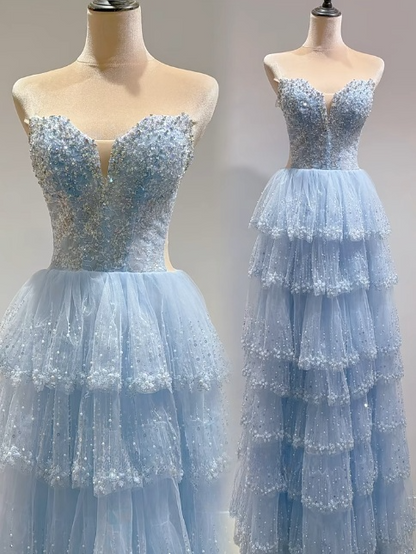 Cute Blue Sweetheart Tulle Ball Gown Beaded Quinceañera Dress Sweet 16 Dress ED03613