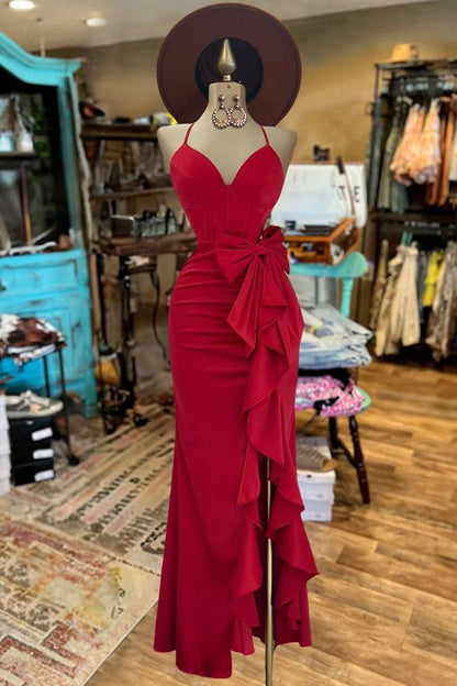 Elegant Burgundy Sweetheart Sheath Chiffon Slits Party Dresses Modest Ruffles Formal Dresses Graduation Prom Dresses ED03617