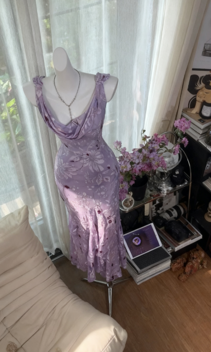 Glam Vintage Sheath Prom Dresses Chiffon Floral Purple Long Formal Dresses Beaded Wedding Guest Dresses  ED03618