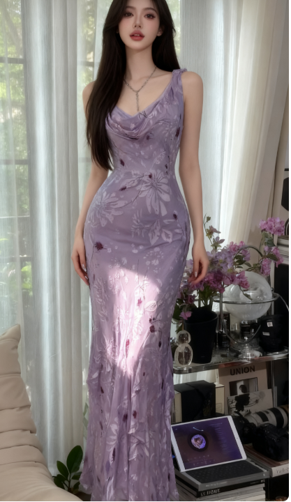 Glam Vintage Sheath Prom Dresses Chiffon Floral Purple Long Formal Dresses Beaded Wedding Guest Dresses  ED03618