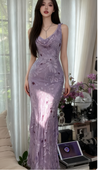 Glam Vintage Sheath Prom Dresses Chiffon Floral Purple Long Formal Dresses Beaded Wedding Guest Dresses  ED03618