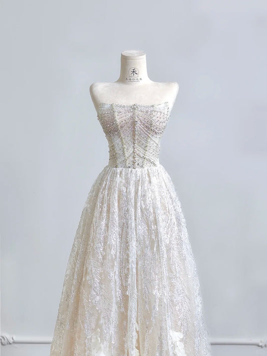 Timeless Strapless Beaded Tulle Long Wedding Dress with Beaded Sparkly Lace Ball Gown Quinceañera Dress ED03619