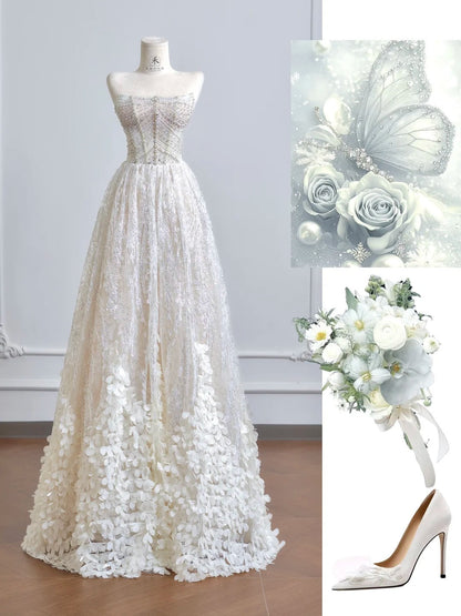 Timeless Strapless Beaded Tulle Long Wedding Dress with Beaded Sparkly Lace Ball Gown Quinceañera Dress ED03619