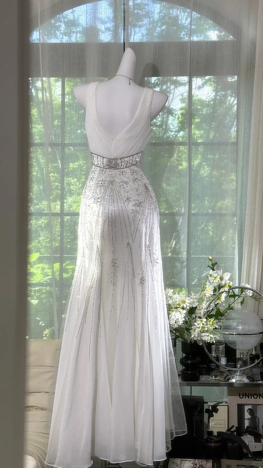 Vintage White V-Neck Empire Prom Dress with Beading Sparkly Chiffon Formal Dress Graduation Dress ED03620