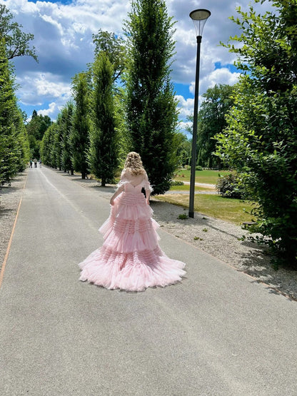 Cute Pink Off Shoulder Ball Gown Layered Tulle Long Quinceanera Dress Graduation Prom Dresses ED03621