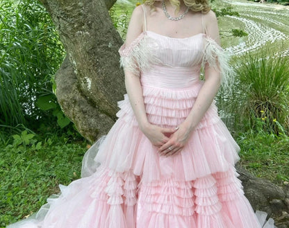 Cute Pink Off Shoulder Ball Gown Layered Tulle Long Quinceanera Dress Graduation Prom Dresses ED03621