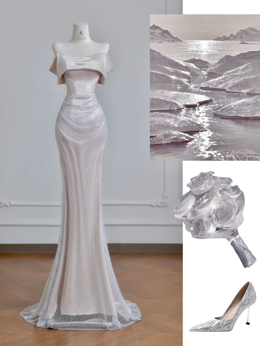 Modest Champagne Formal Dresses Mermaid Prom Dresses Elegant Metal Mesh Long Off-the-Shoulder Evening Gowns ED03623