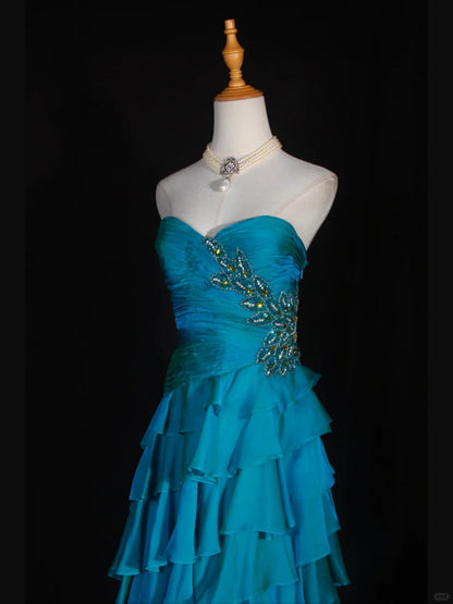 Vintage Blue Sweetheart Neck Tiered Ball Gown Beaded Chiffon Formal Dresses Modest Evening Gowns ED03624