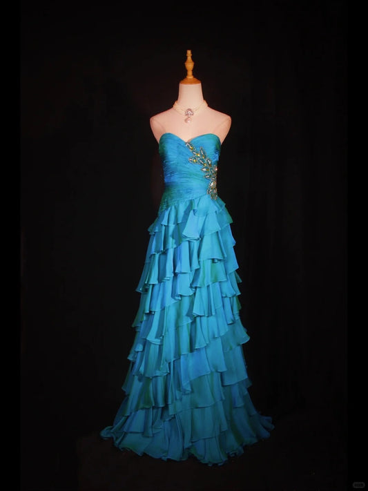 Vintage Blue Sweetheart Neck Tiered Ball Gown Beaded Chiffon Formal Dresses Modest Evening Gowns ED03624
