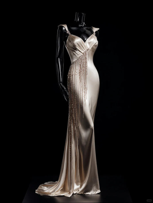 Modest Champagne Mermaid Long Evening Gowns Satin Elegant V-neckProm Dresses Bridesmaid Dresses with Tassels ED03626