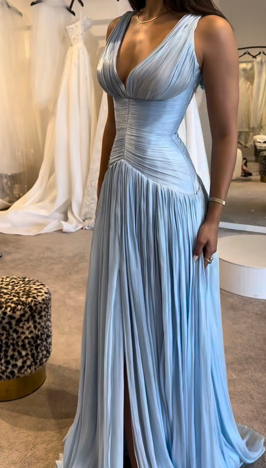 Modest Blue V-neck Evening Gowns Chiffon Elegant Ball Gown Wedding Guest Dress Graduation Prom Dress ED03628