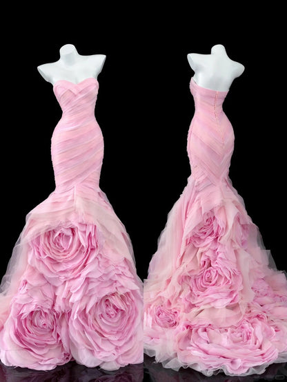 Modest Pink Strapless Long Evening Gowns Tulle Applique Stunning Mermaid Quinceanera Dress Wedding Guest Dress ED03629