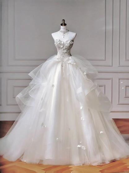 Elegant White Sweetheart Neck Wedding Dress Long Ball Gowns Tulle Beaded Quinceanera Dress Bridal Gown ED03631