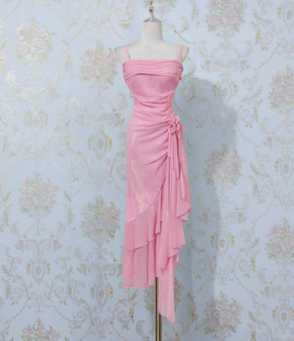 Sweet Pink Spaghetti Strap Evening Dress 16th Birthday Dress Sheath Chiffon Ruffle Formal Dresses ED03633