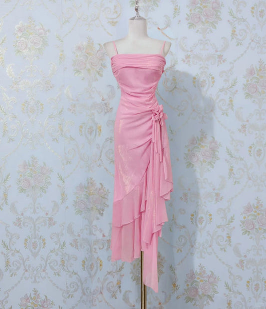 Sweet Pink Spaghetti Strap Evening Dress 16th Birthday Dress Sheath Chiffon Ruffle Formal Dresses ED03633