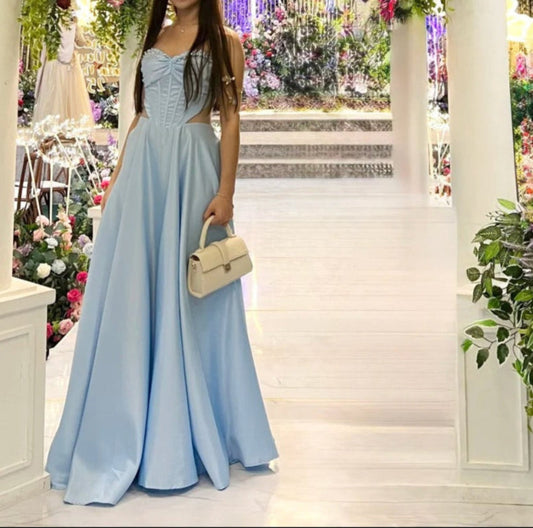 Modest A-Line Sky Blue Evening Gowns Sweetheart Neck Formal Dresses Satin Elegant 18th Birthday Outfit ED03635